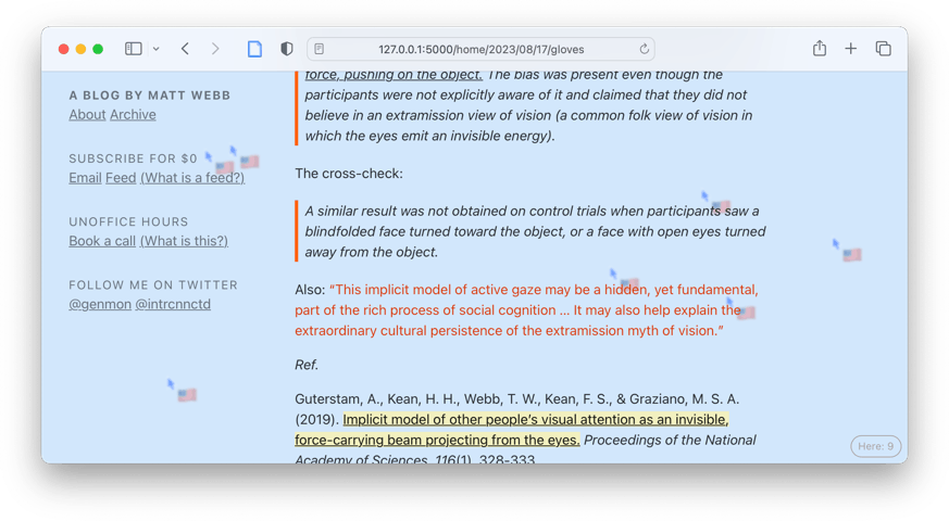 A screengrab of my blog with multiple blurred-out cursors behind the text.