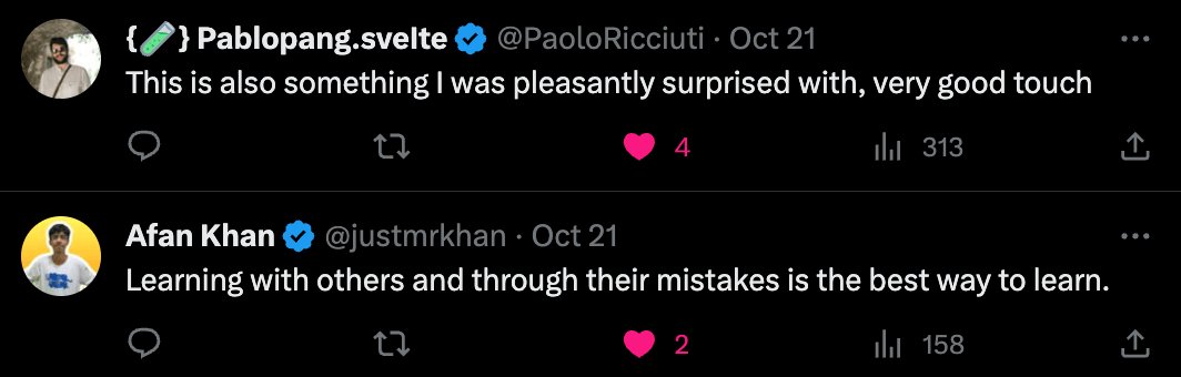 Two tweets. First from Paolo Ricciuti: 'This is also something I was pleasantly surprised with, very good touch'. Second from Afan Khan: 'Learning with others and through their mistakes is the best way to learn.'